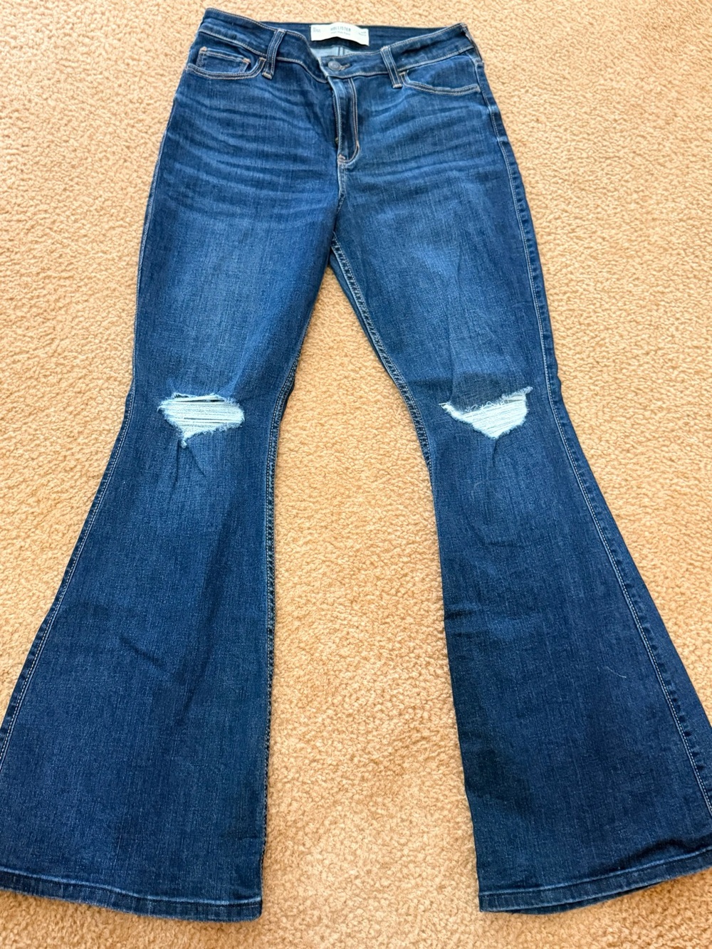 Hollister Dark Blue Flare Jeans with Knee Rips